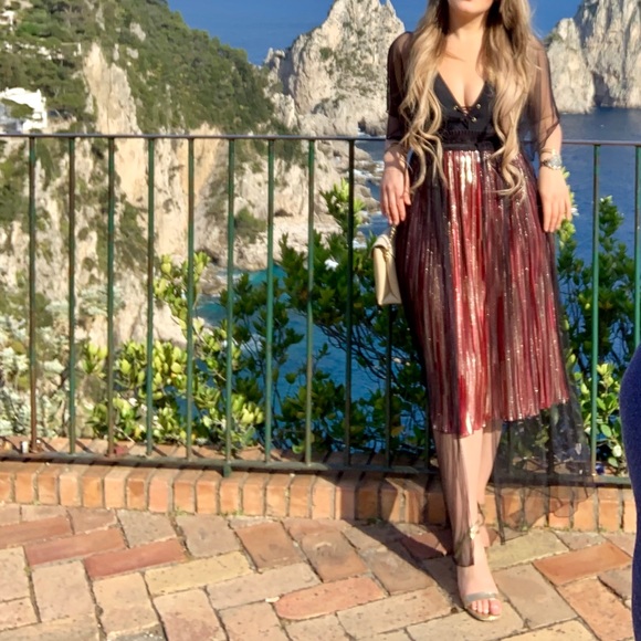 Midi pleated skirt, burgundy and gold color - Picture 4 of 6